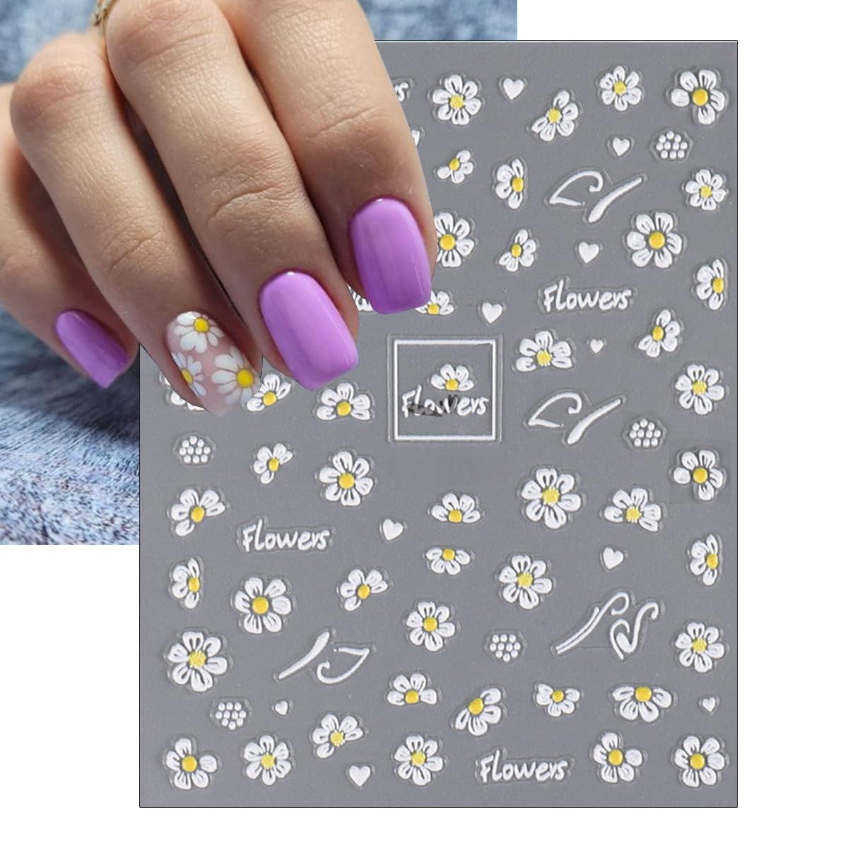 A hand with lavender and white floral nail art is shown beside a gray nail stamping plate printed with white daisies, small hearts, and the word 'Flowers'.