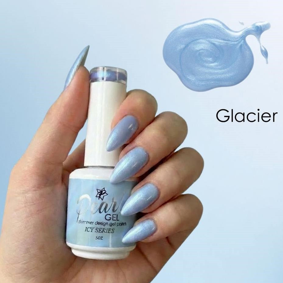 A hand holding a bottle of nail gel polish with a light icy blue shade, shown next to a matching nail swatch and the text 'Glacier'.