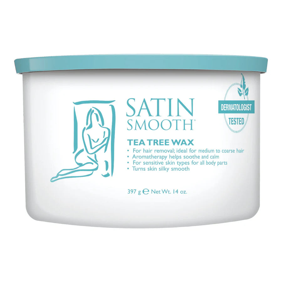 A white plastic tub of Satin Smooth Tea Tree Wax with a light teal lid and matching teal text and graphics on the front, set against a plain white background.