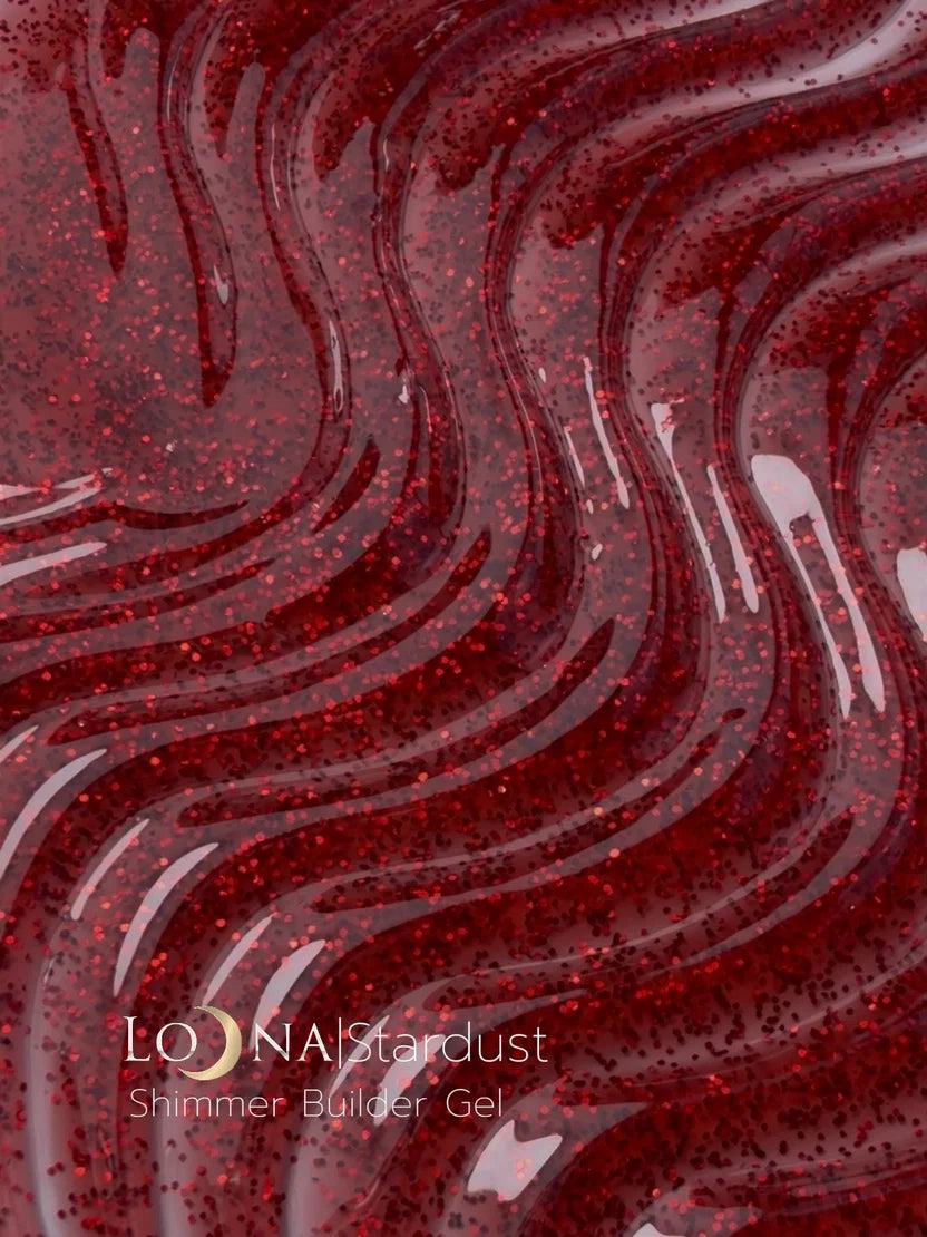 Red glittery gel with wavy patterns and 'LOUNA Stardust' branding.