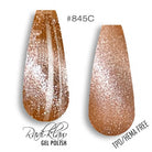 Two nail swatches showing a glittery nude-rose gel polish shade labeled #845C, with the text 'Root-Claw Gel Polish' and 'TPC/HEMA FREE' on a white background.