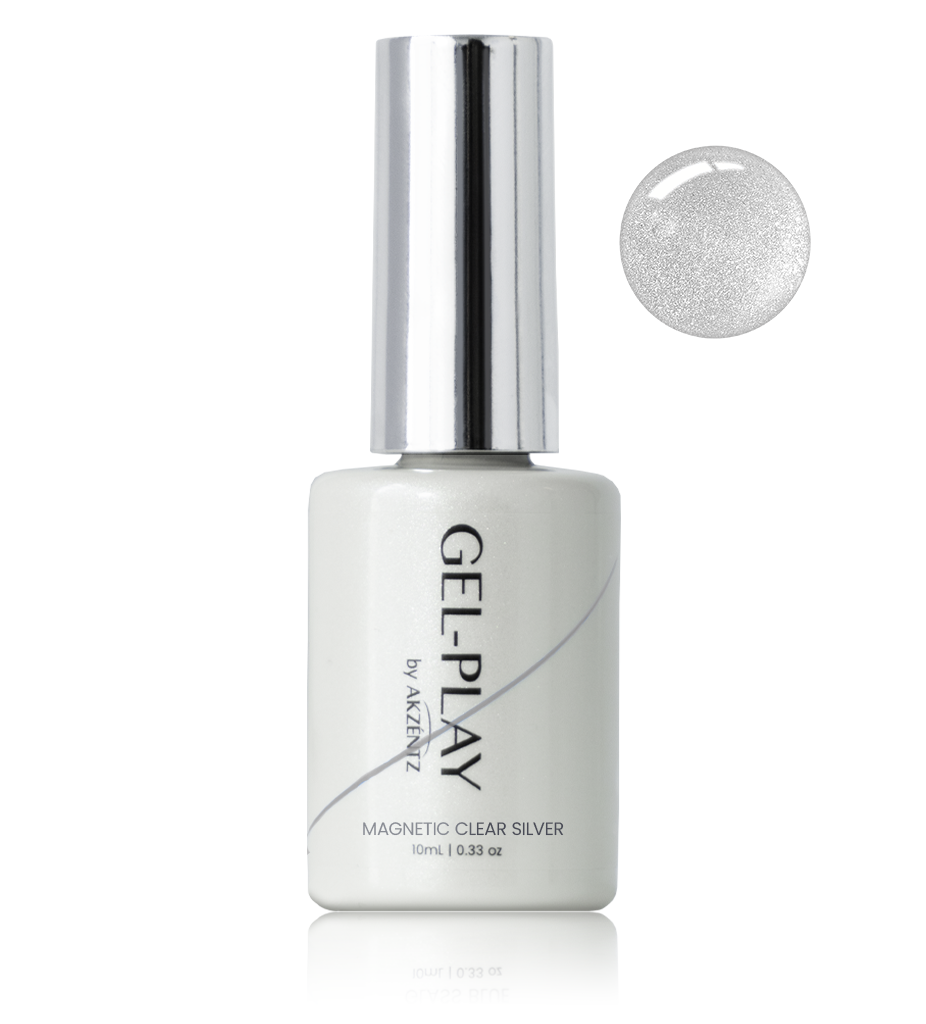 Akzentz Gel-Play Magnetic Clear Silver 10 mL bottle with color-effect swatch