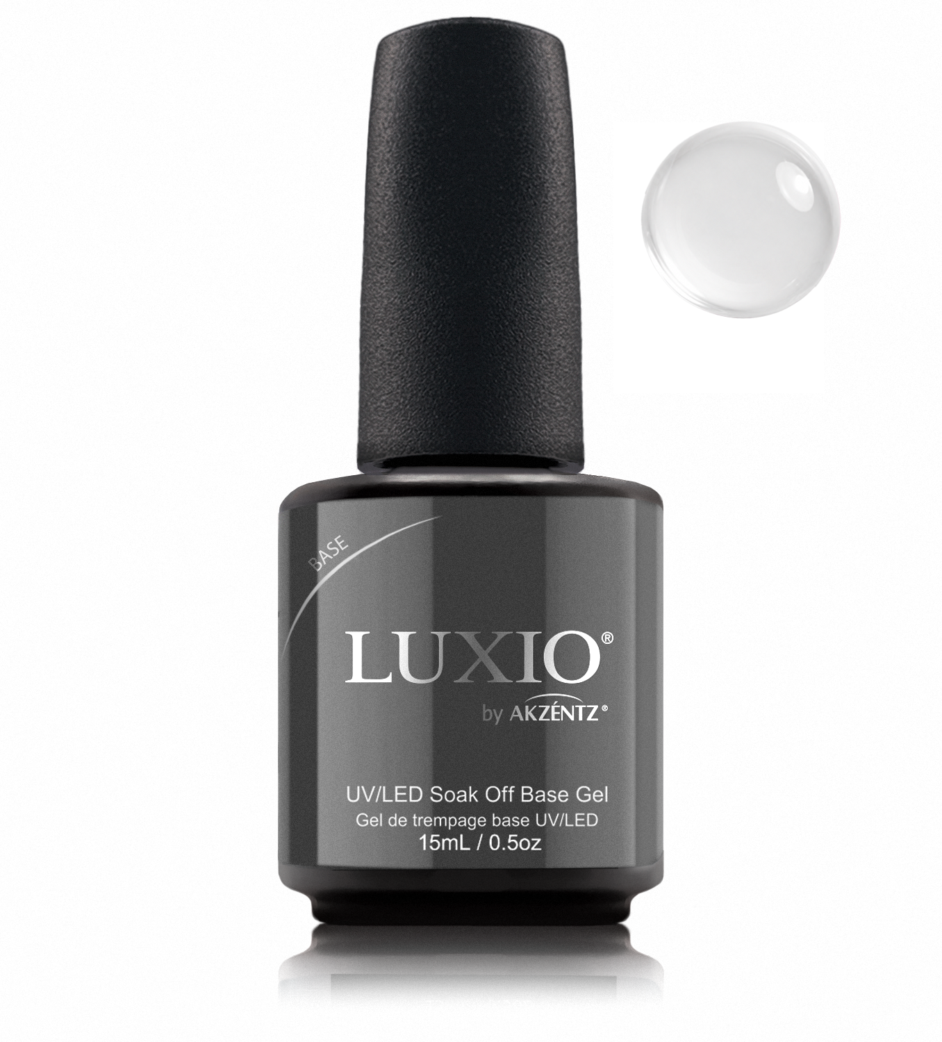 Luxio Base bottle with matching round clear gel swatch