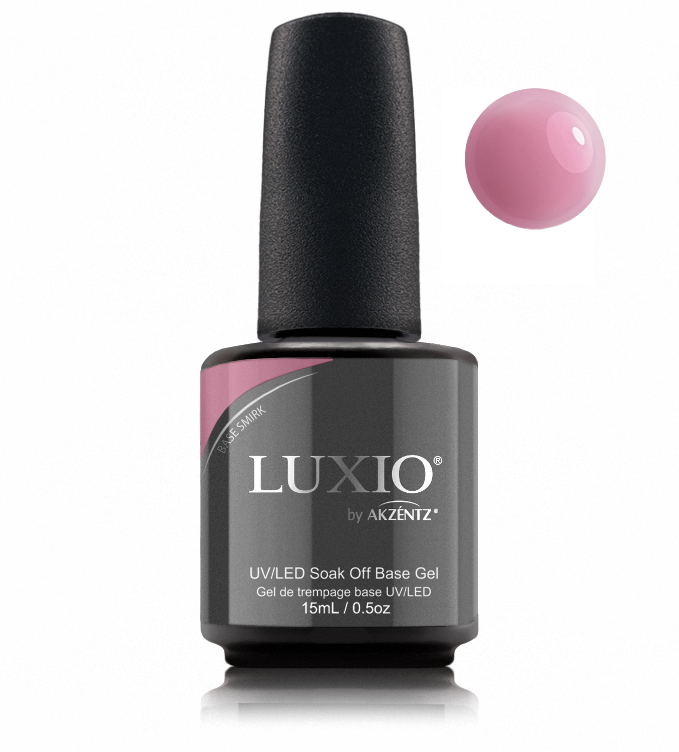 Luxio Naked Base Smirk bottle with matching round gel color swatch