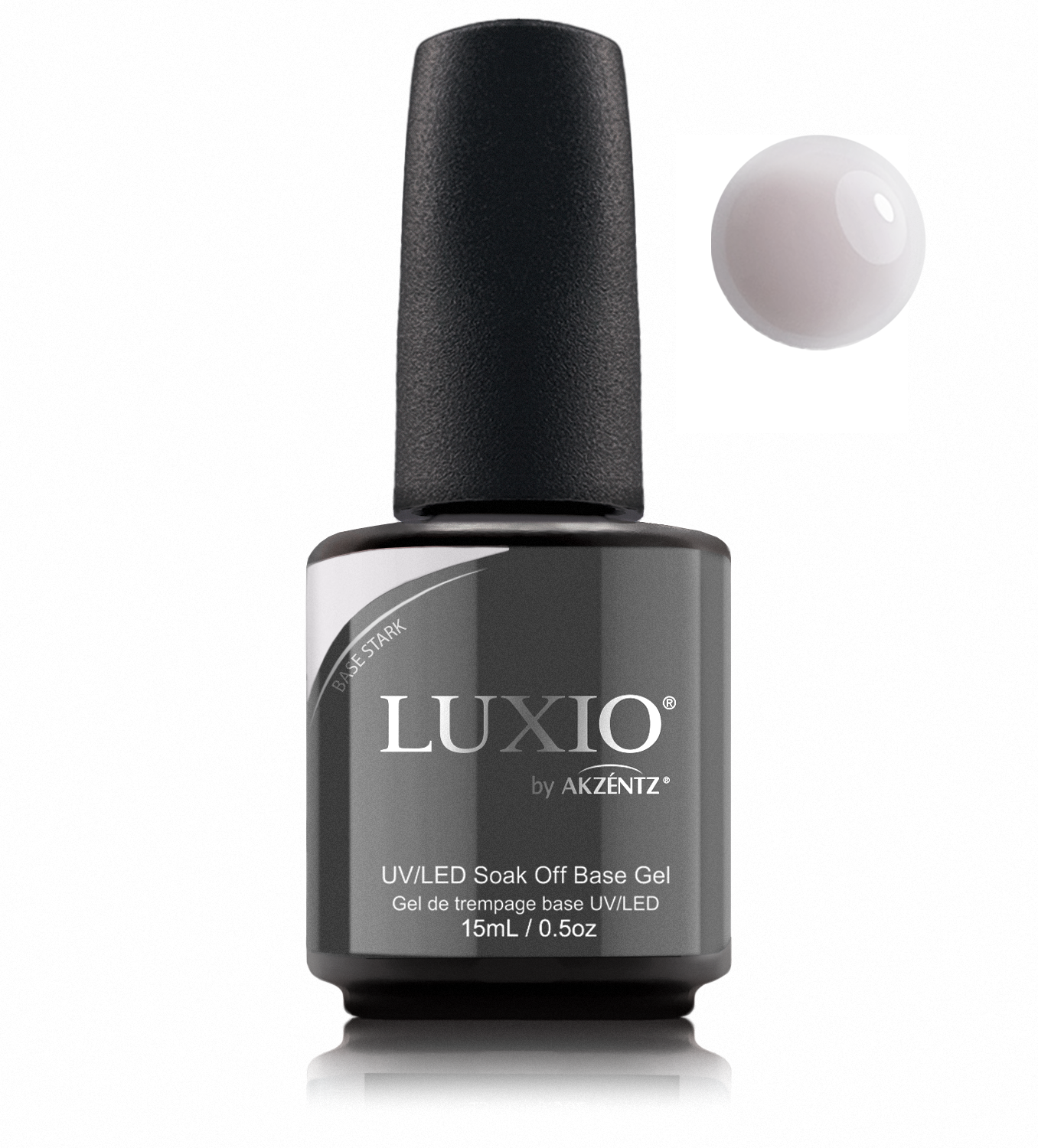 Luxio Naked Base Stark bottle with matching round gel color swatch