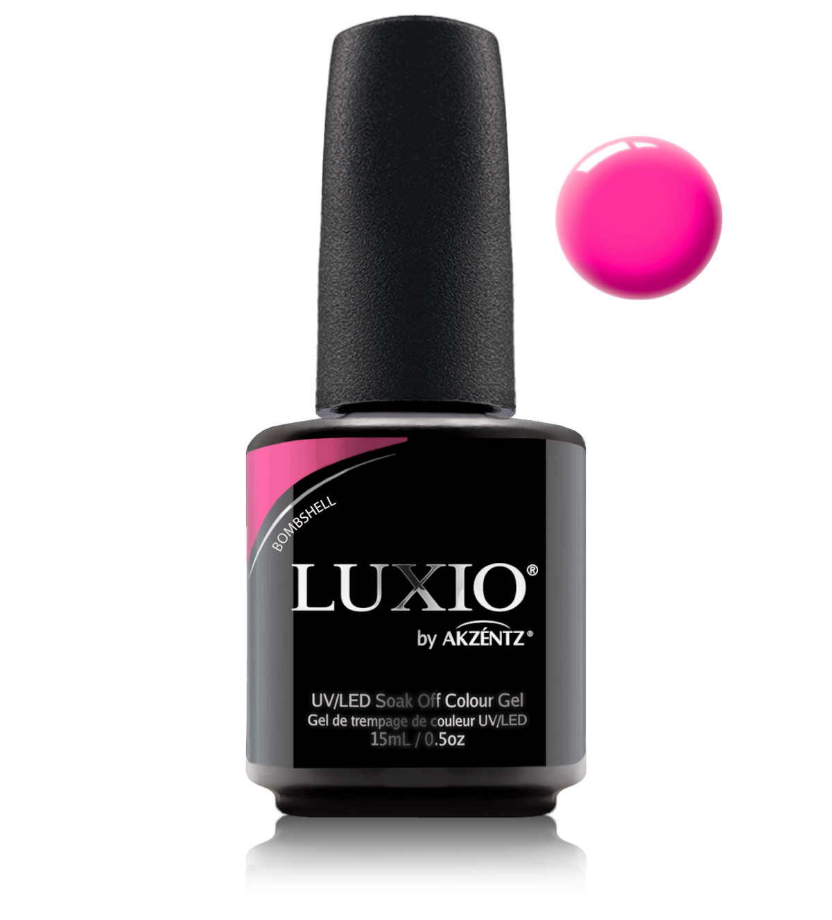 Akzentz Luxio Bombshell 15 mL gel polish bottle with small round color swatch
