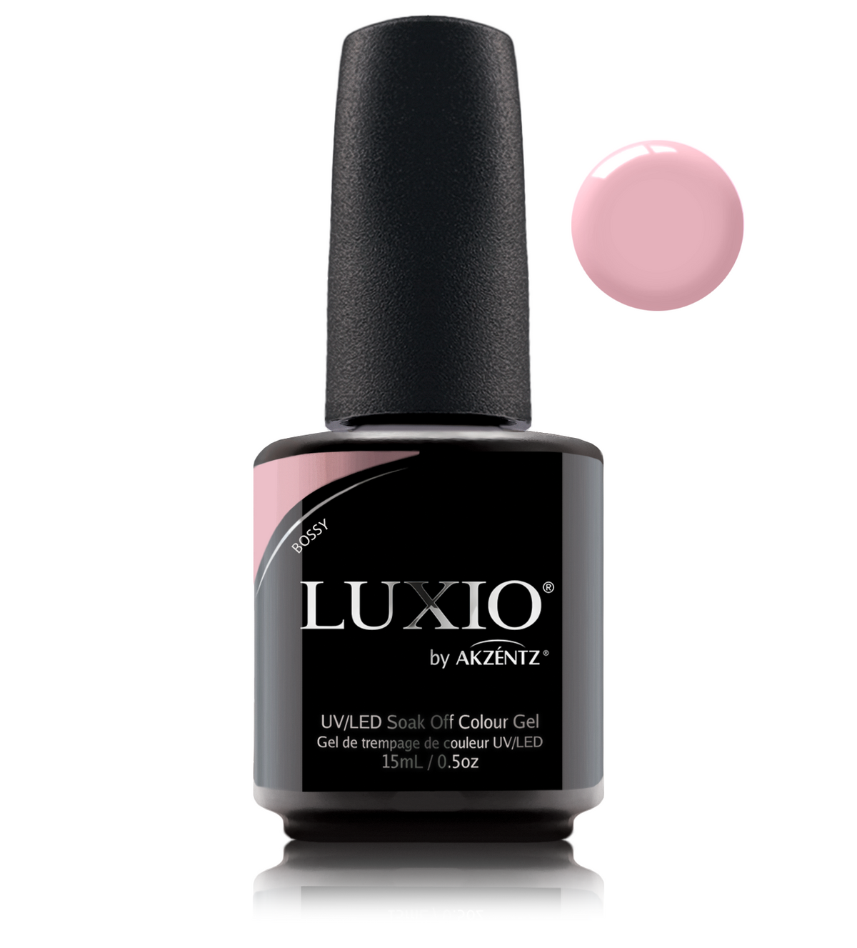 Akzentz Luxio Bossy 15 mL gel polish bottle with small round color swatch