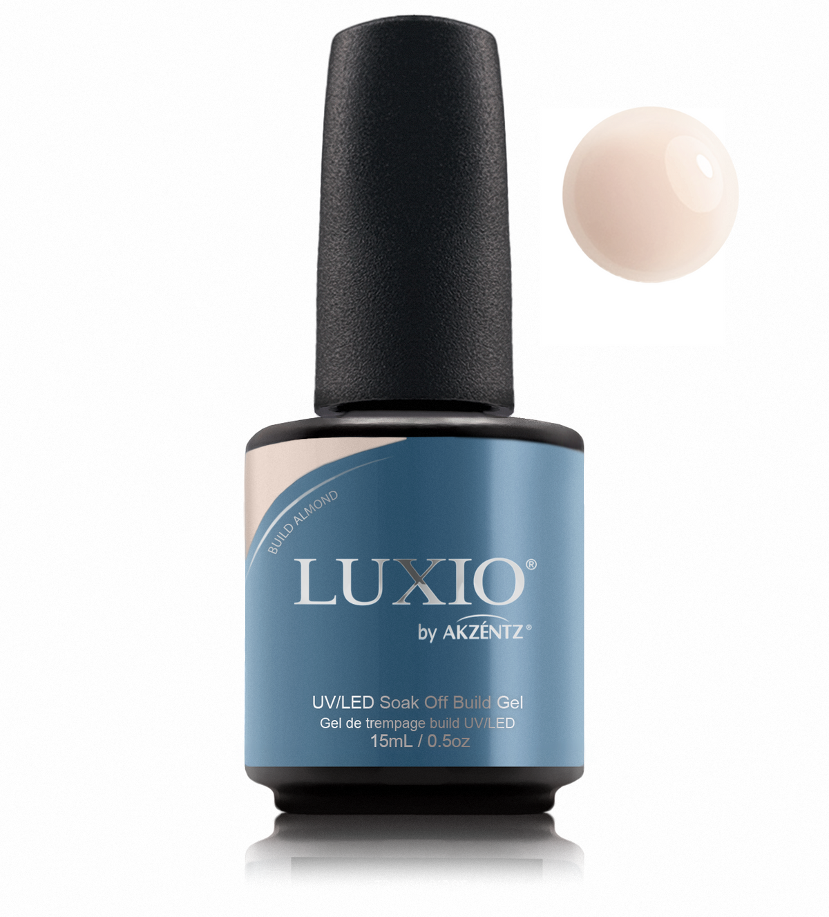 Luxio Build Almond bottle with matching round gel color swatch