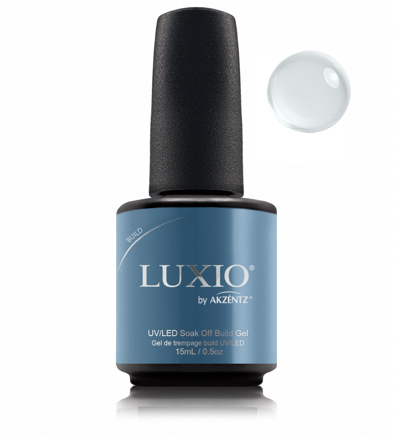 Luxio Build Clear bottle with matching round clear gel swatch