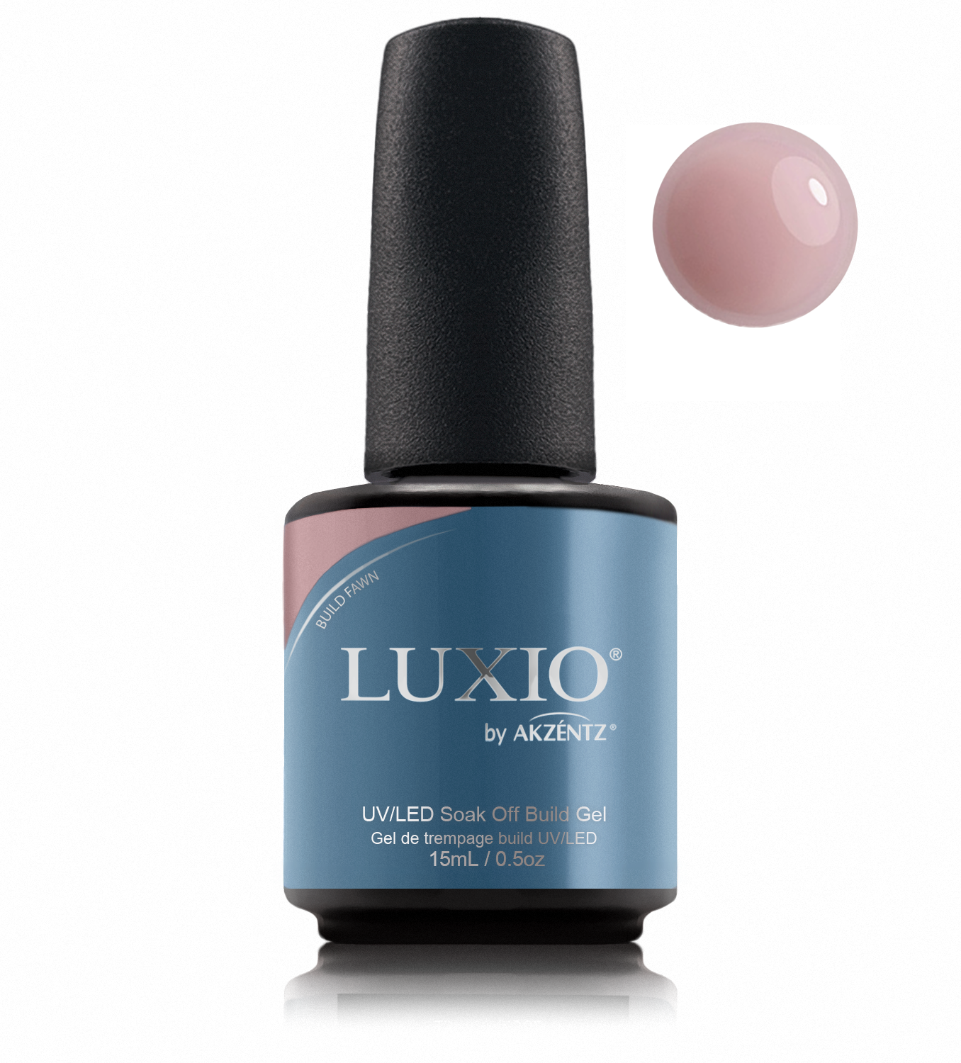 Luxio Build Fawn bottle with matching round gel color swatch