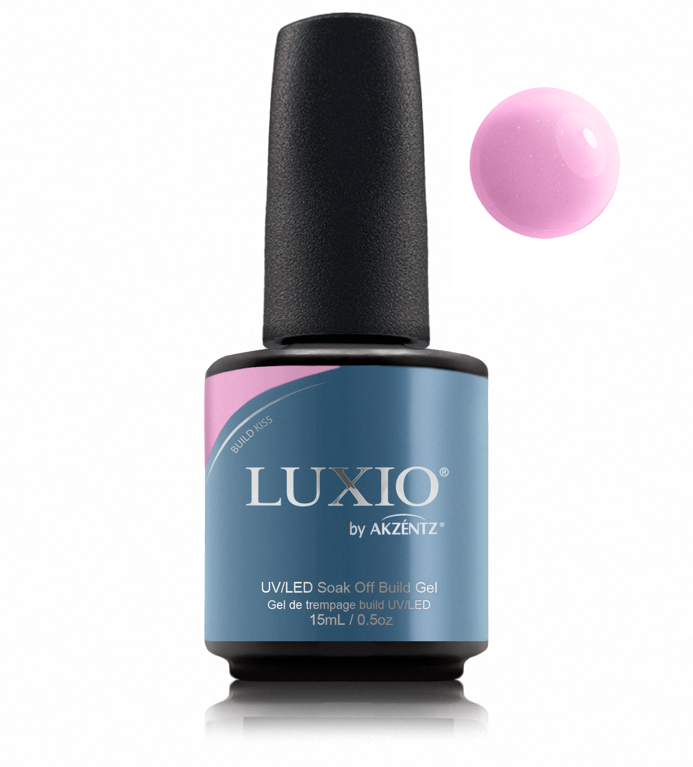 Luxio Build Sparkles Kiss bottle with matching round gel color swatch
