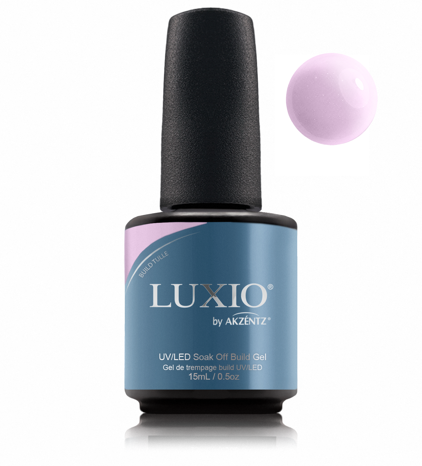 Luxio Build Sparkles Tulle bottle with matching round gel color swatch