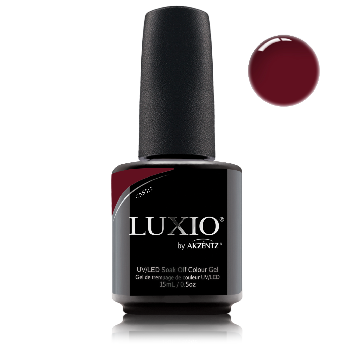 Akzentz Luxio Cassis 15ml gel polish bottle with deep blackcurrant-burgundy color swatch