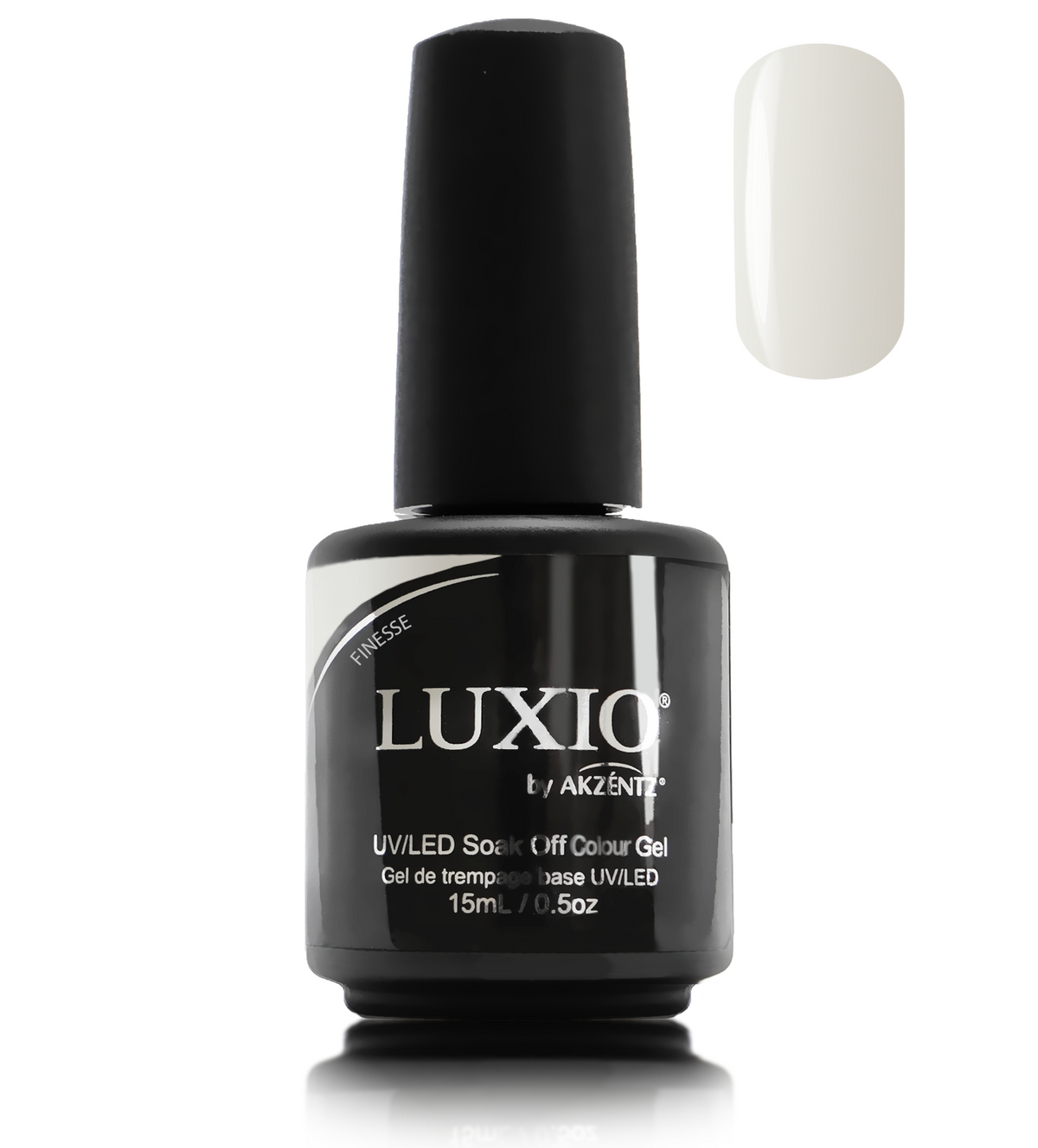 Akzentz Luxio Finesse 15 mL gel polish bottle with small round color swatch