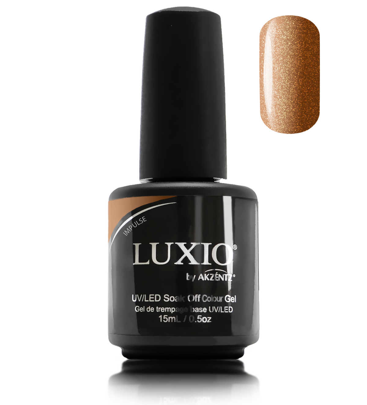 Akzentz Luxio Impulse 15 mL gel polish bottle with oblong color swatch