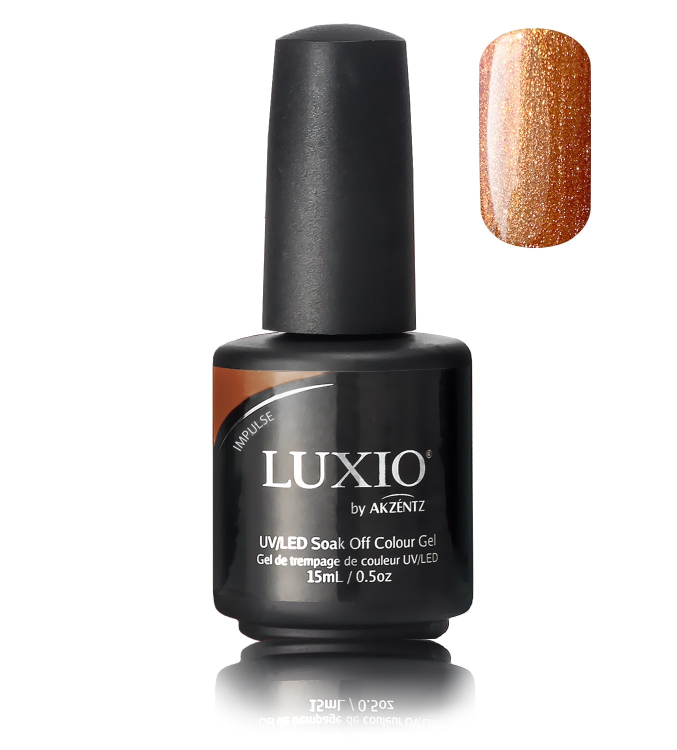 Akzentz Luxio Impulse 15 mL gel polish bottle with oblong color swatch