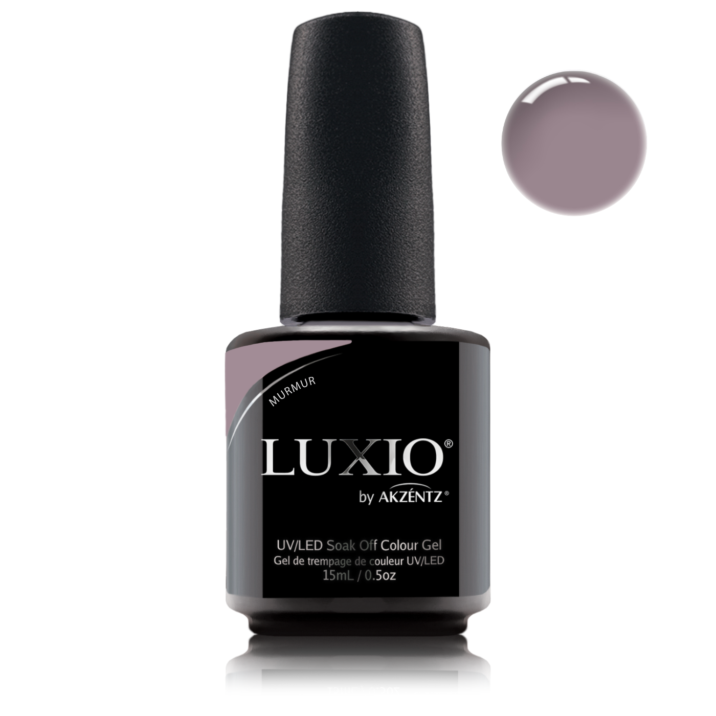 Akzentz Luxio Murmur 15ml gel polish bottle with muted mauve color swatch