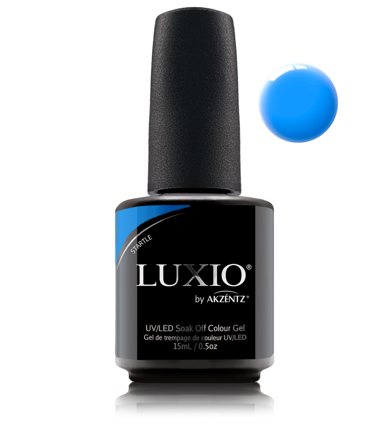 Akzentz Luxio Startle 15 mL gel polish bottle with small round color swatch
