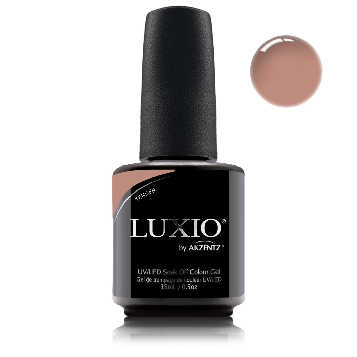 Akzentz Luxio Tender 15ml gel polish bottle with soft nude-beige color swatch