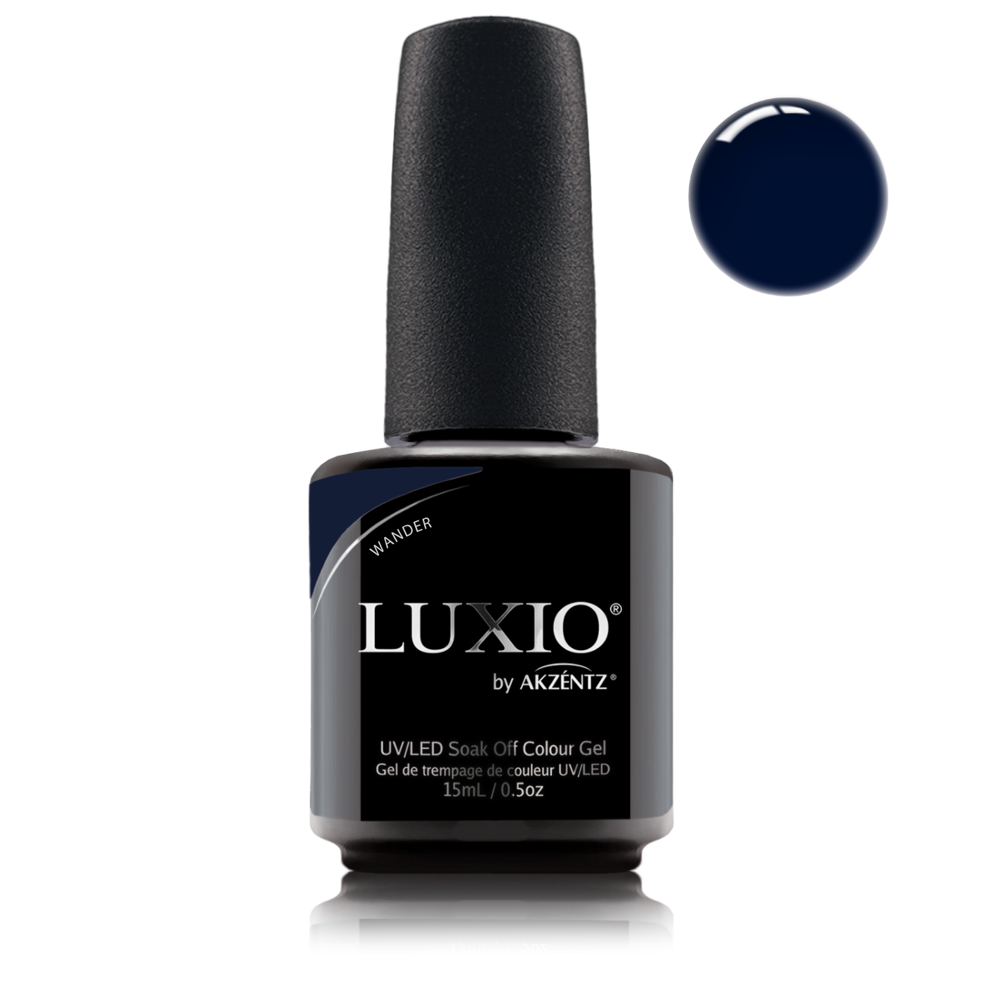Akzentz Luxio Wander 15ml gel polish bottle with deep indigo color swatch