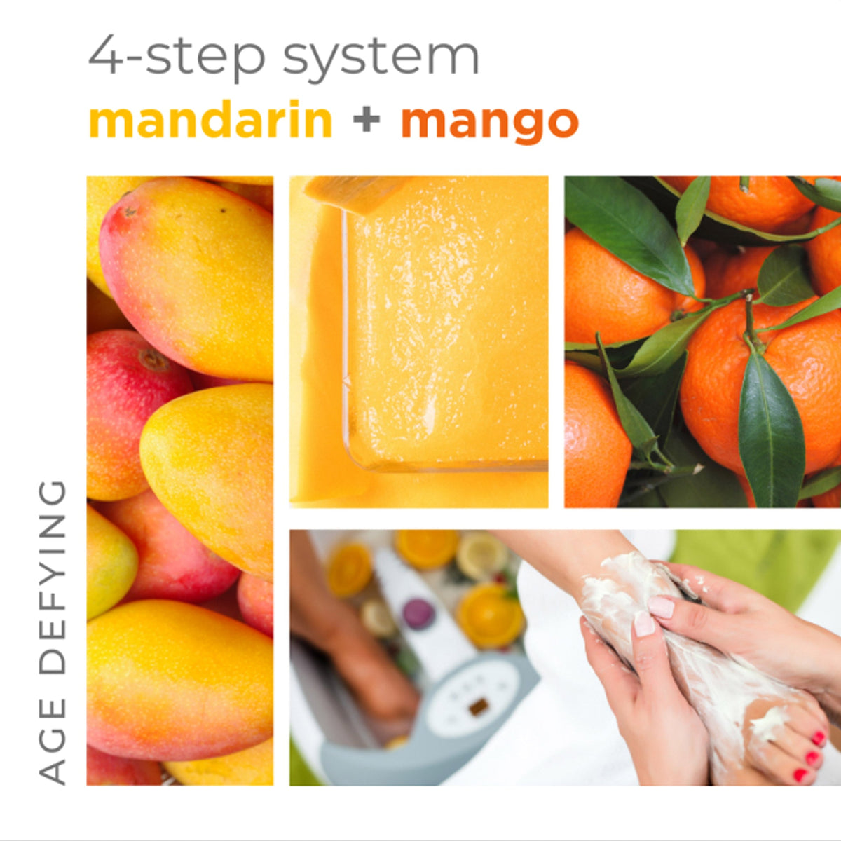 BCL Mandarin & Mango 4 Step Pedicure Pack promotional collage showing the four-step pedicure system