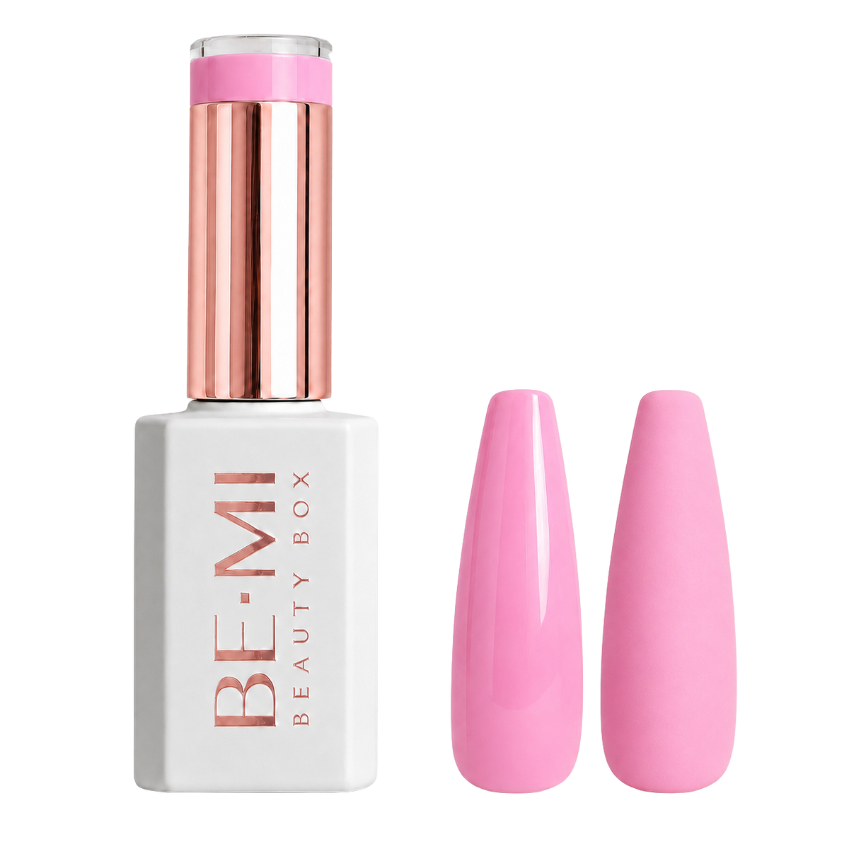 A bottle of BE-MI Beauty Box gel nail polish in a bright pink shade, shown next to two artificial nail tips painted in the same pink color, on a light gray background.