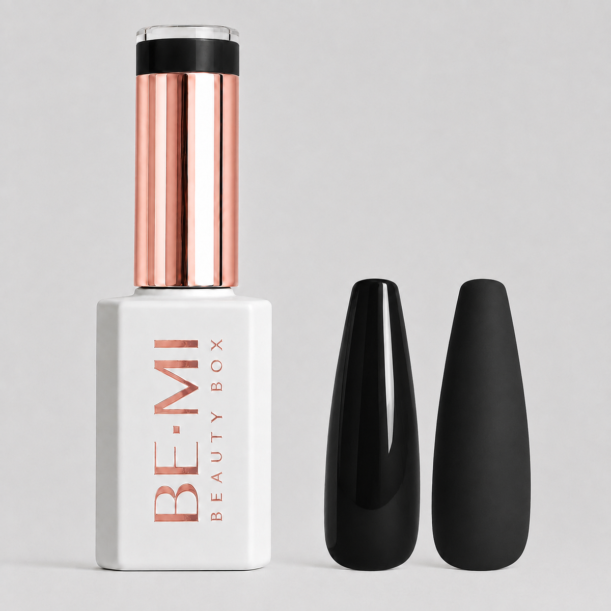 BEMI Creami - Ultra Black B01 - 15ml gel polish bottle and colour swatches