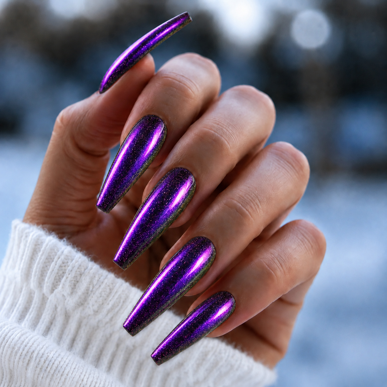 BEMI Bloom Chrome shown on long coffin nails