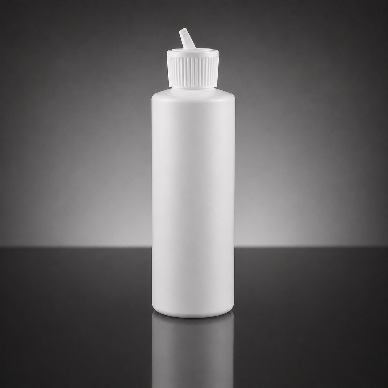 A blank white plastic squeeze bottle with a ribbed screw cap and angled dispensing spout, standing on a dark reflective surface against a dark gray gradient background.