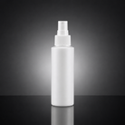 A blank white plastic spray bottle with a ribbed cap, standing upright on a reflective black surface against a dark gray gradient background.