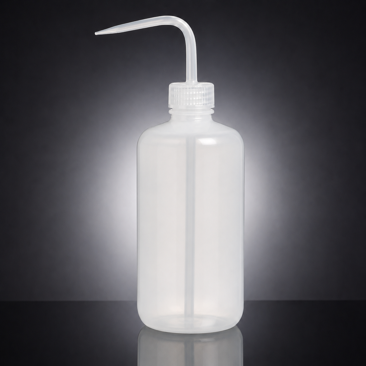 A translucent white plastic wash bottle with a long, curved pipette-style spout, shown on a dark gray gradient background with a soft reflection below.