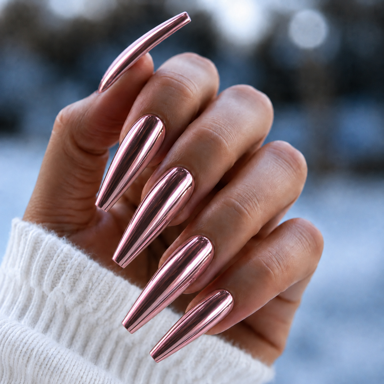 BEMI Chroma Blush Chrome shown on long coffin nails