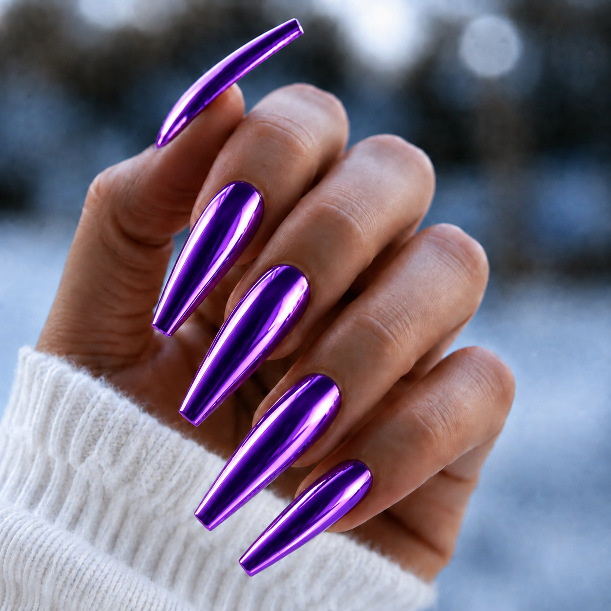 BEMI Chroma Purple Chrome shown on long coffin nails