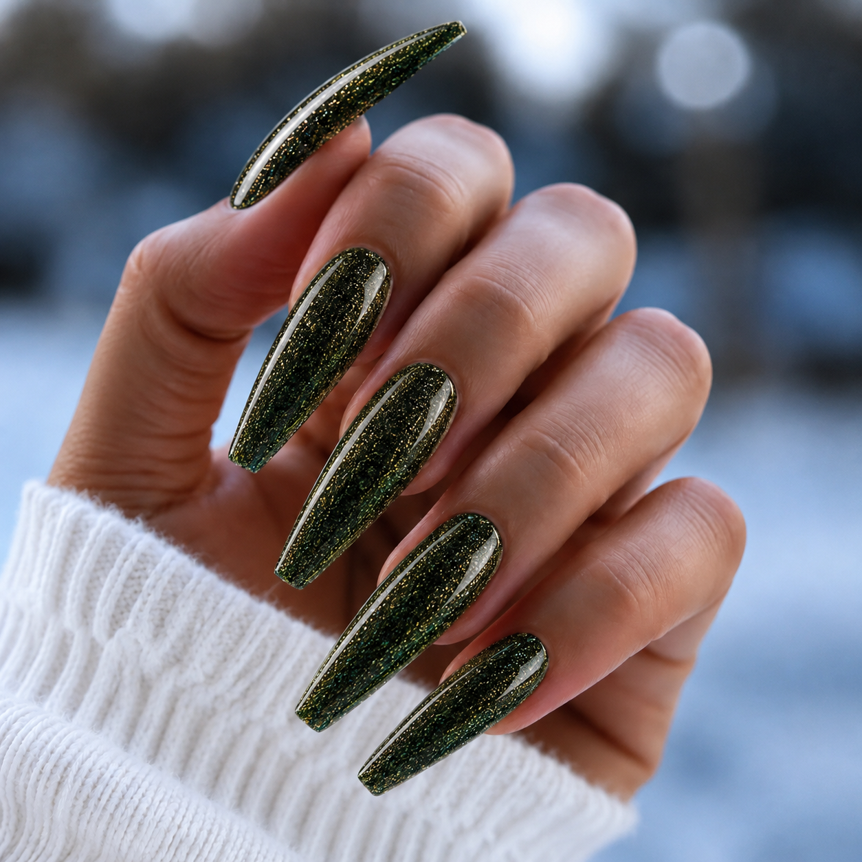 BEMI Metal Leaf Gel Evergreen 5ml shown on long coffin nails