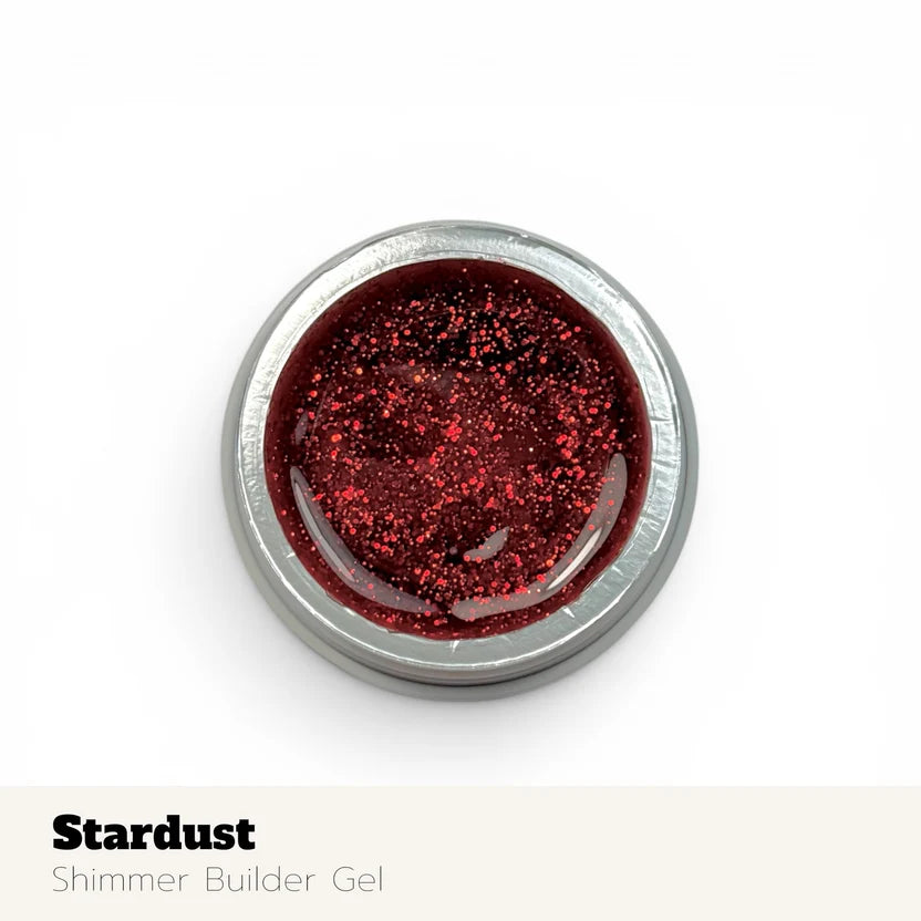 Red glittery gel in a silver container on a white background