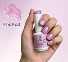 A hand holding a bottle of Pearl Gel nail polish in the shade Pink Frost, with a matching pink swatch graphic and text overlay on a soft pink background.