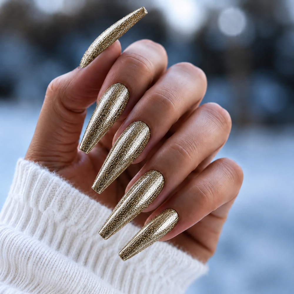 BEMI Metal Leaf Gel - Gold - 5ml shown on long coffin nails