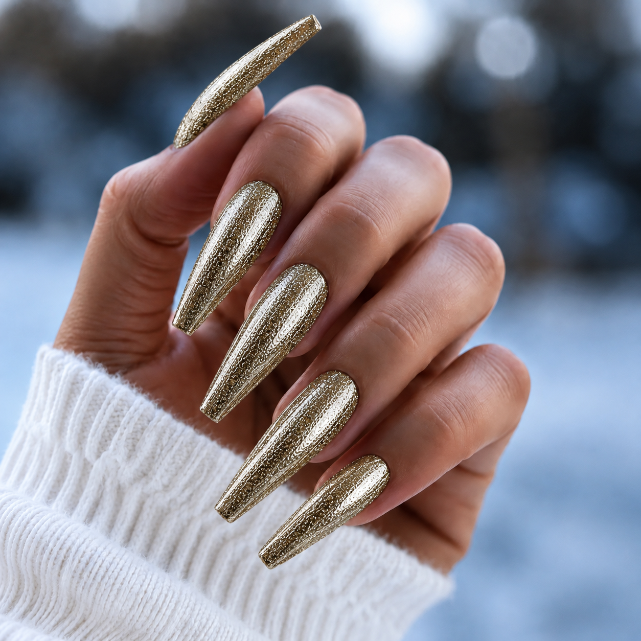 BEMI Metal Leaf Gel - Gold - 5ml shown on long coffin nails