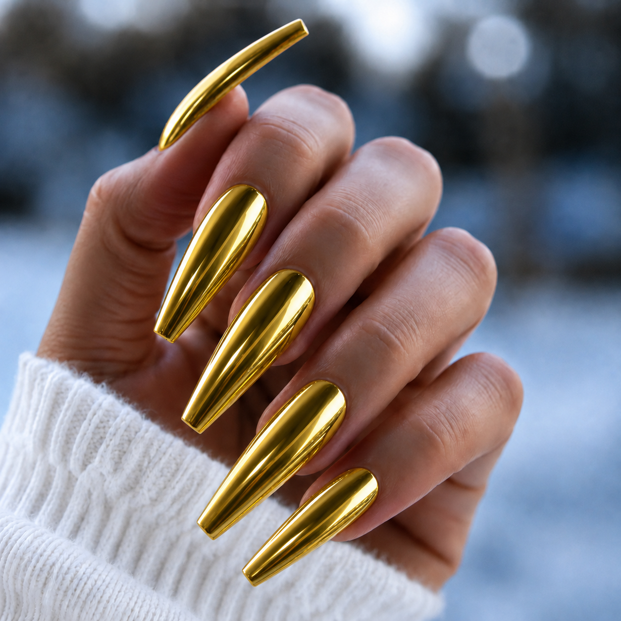 BEMI Gold Mirror Chrome shown on long coffin nails