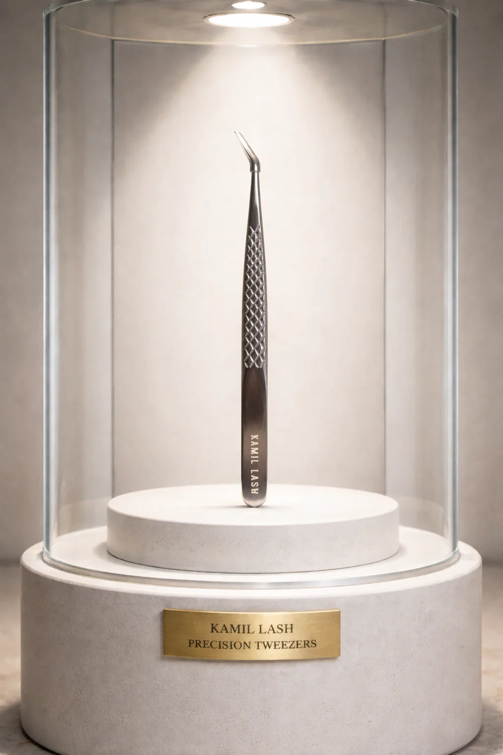 KaMil Lash Curved Isolation Tweezer lash tweezer on display stand