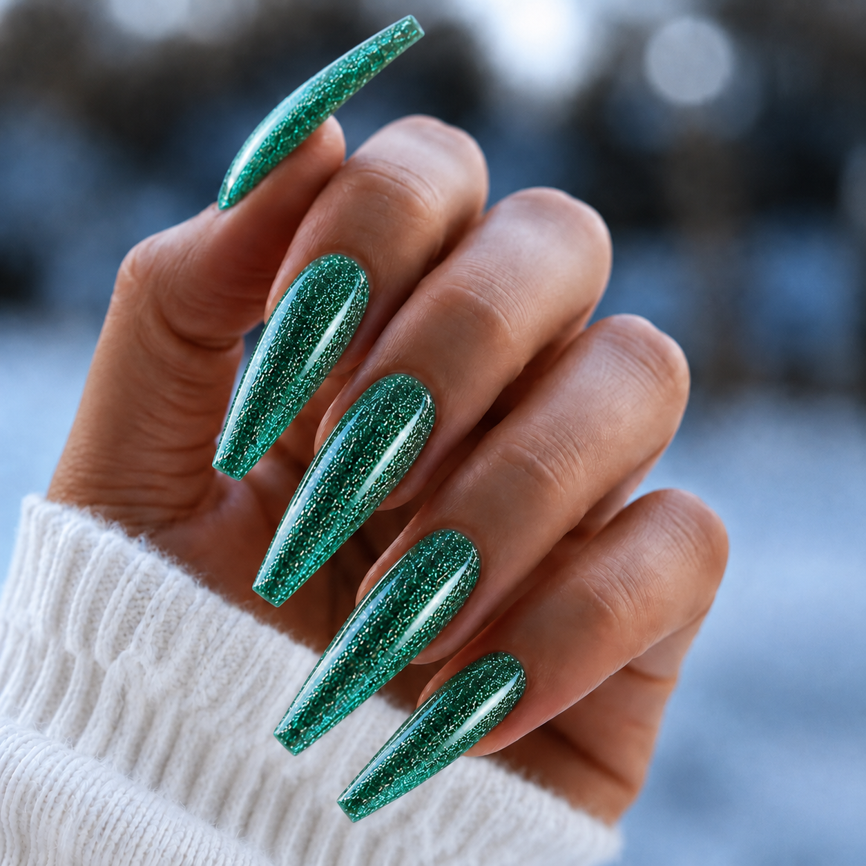 BEMI Metal Leaf Gel - Jade - 5ml shown on long coffin nails