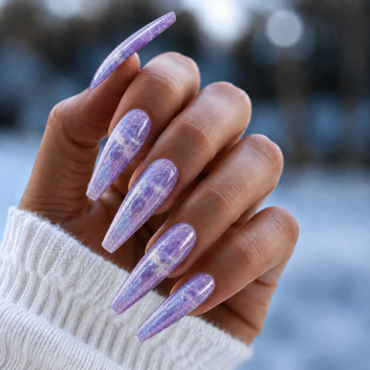 BEMI Quartz Gel - Lavender - 15ml shown on long coffin nails