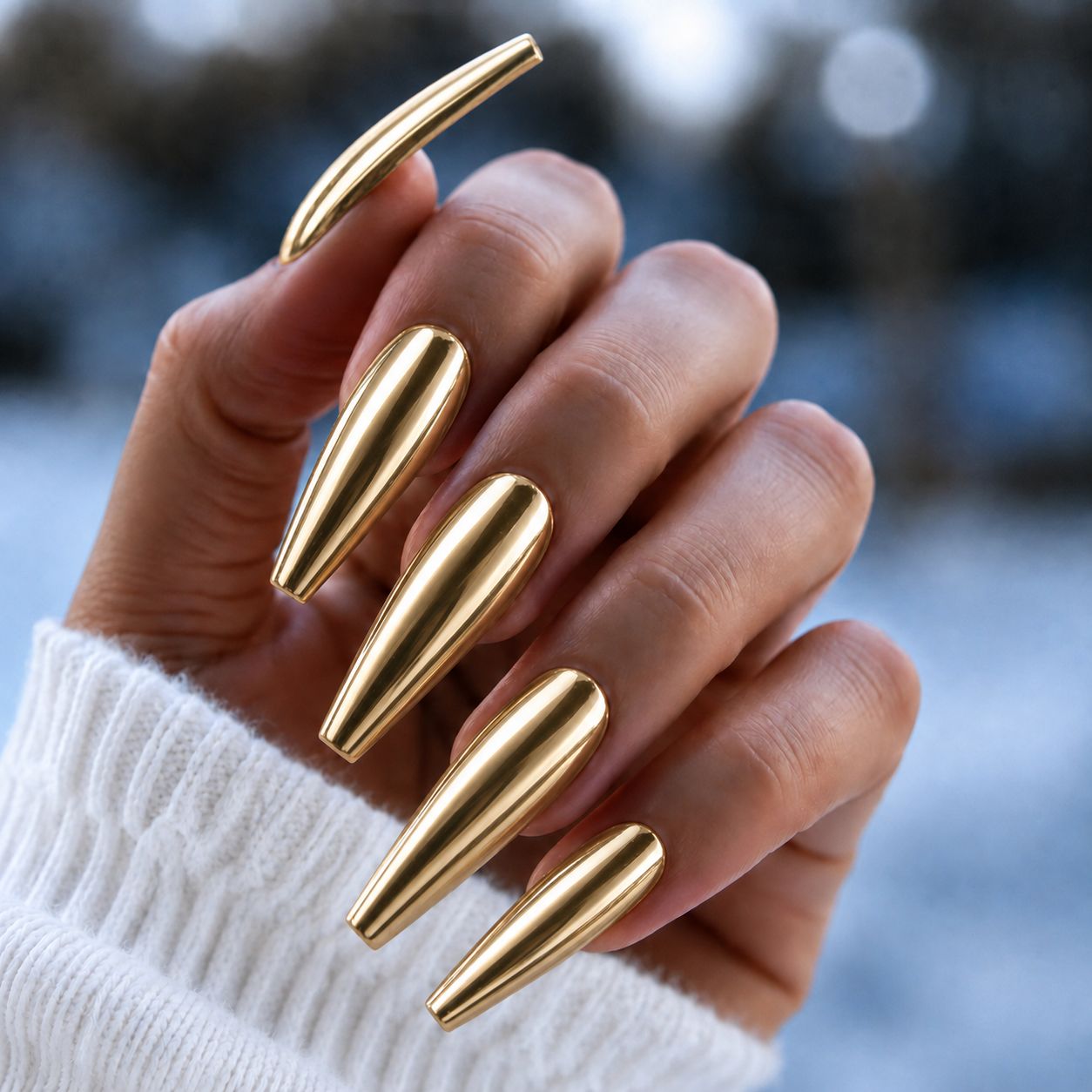 BEMI Light Gold Mirror Chrome shown on long coffin nails