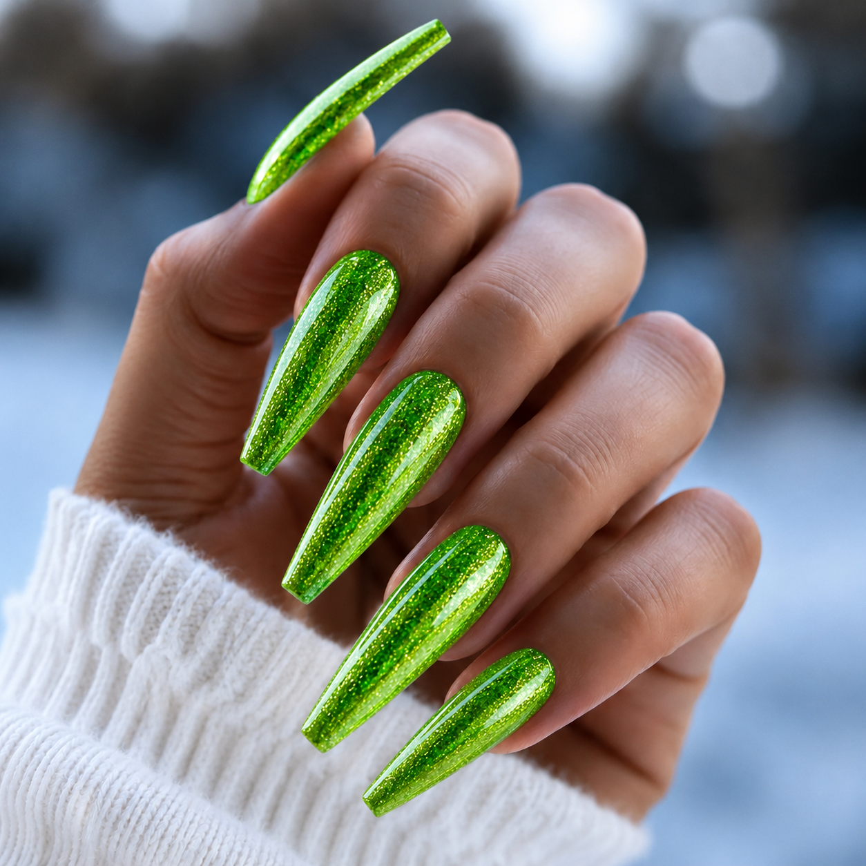 BEMI Metal Leaf Gel - Limelight - 5ml shown on long coffin nails