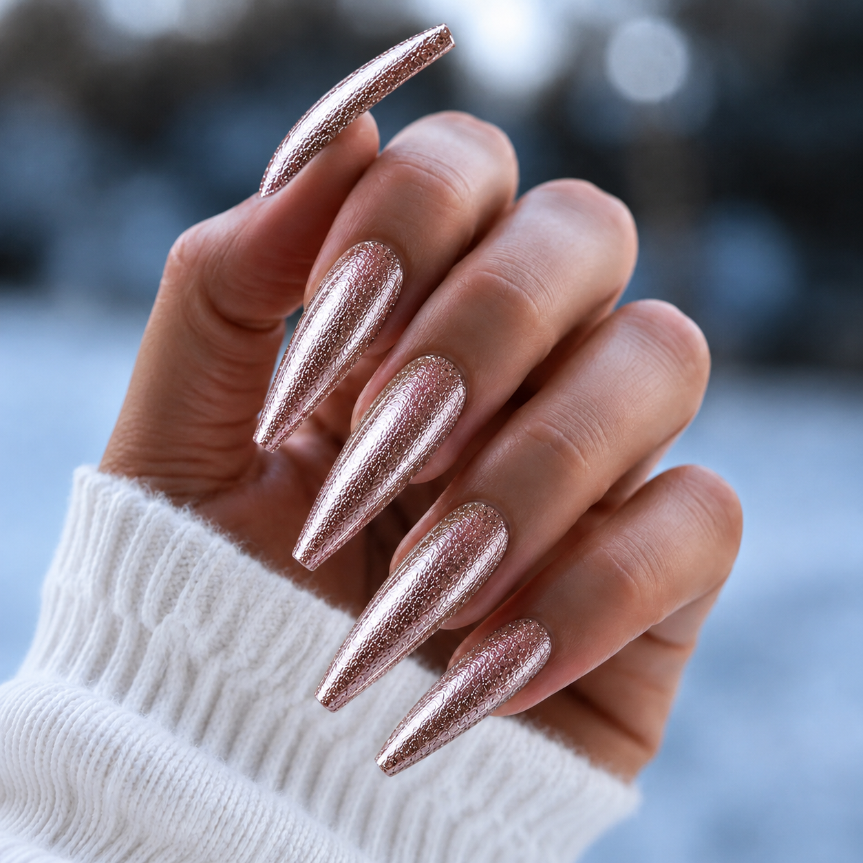 BEMI Metal Leaf Gel - Moonbeam - 5ml shown on long coffin nails