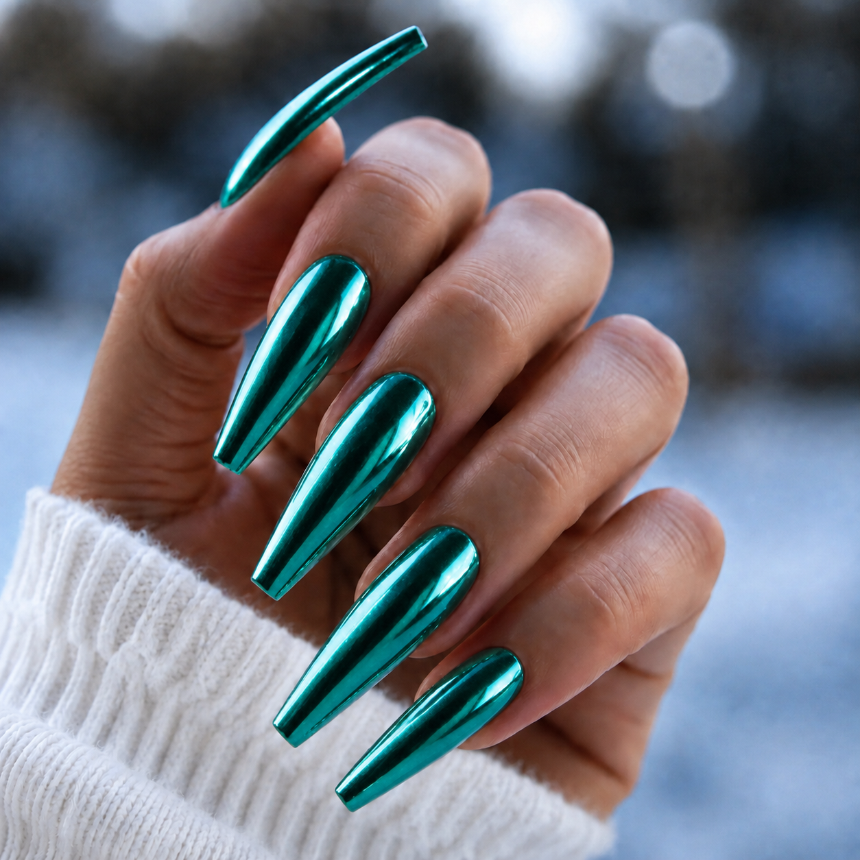 BEMI Moonshine Chrome shown on long coffin nails