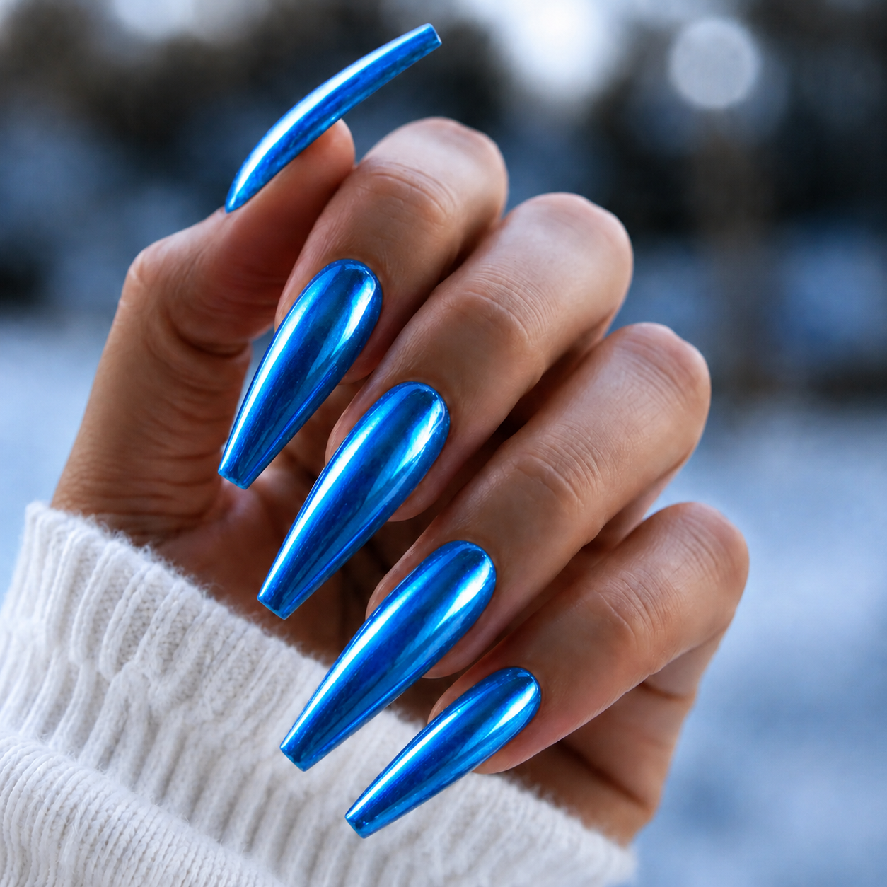 BEMI Neo Blue Chrome shown on long coffin nails