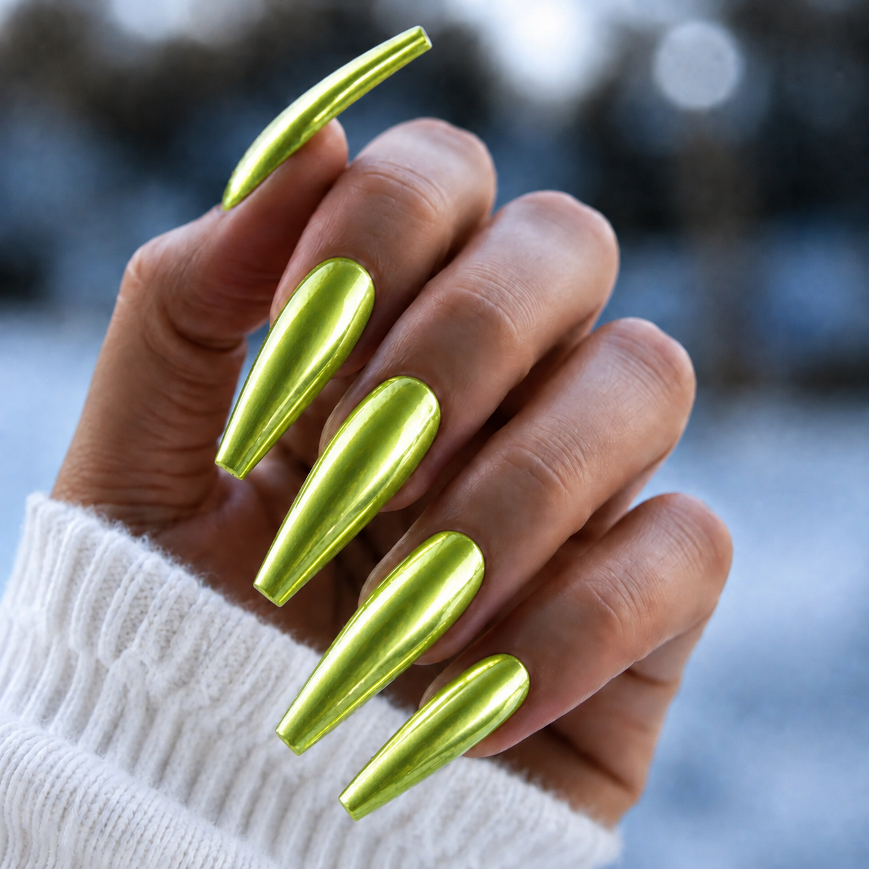BEMI Neo Green Chrome shown on long coffin nails