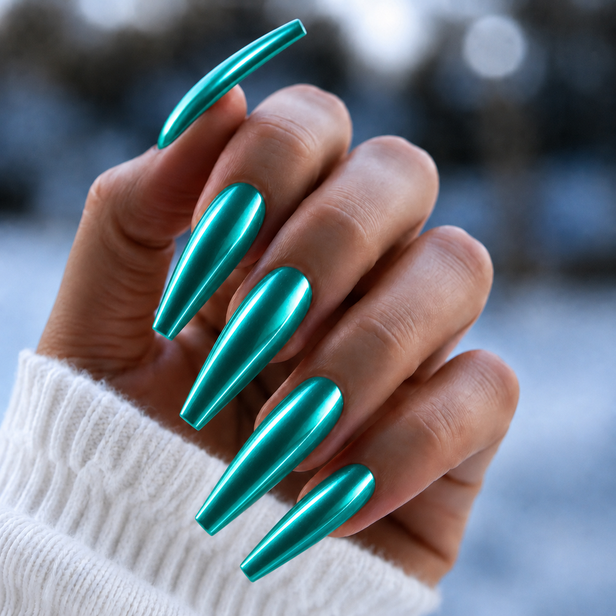 BEMI Neo Teal Chrome shown on long coffin nails