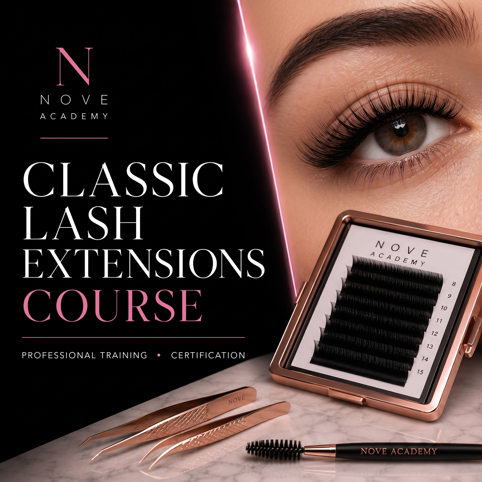 Advertisement for Nove Academy Classic Lash Extensions Course with eye, lash extensions, and tools.